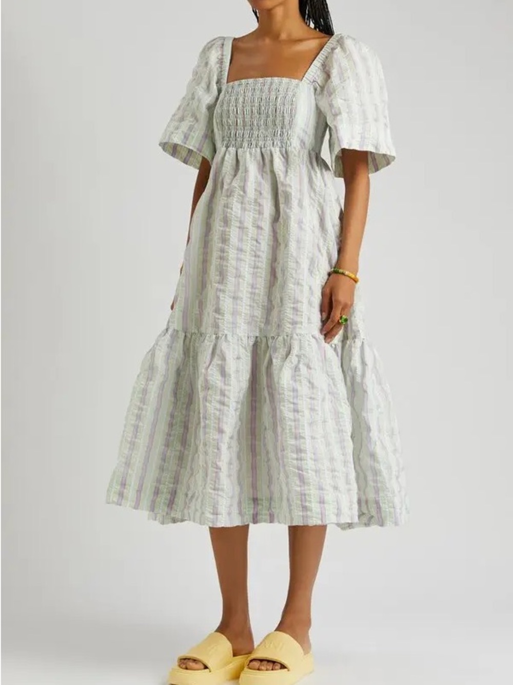 GANNI Striped Seersucker Midi Dress